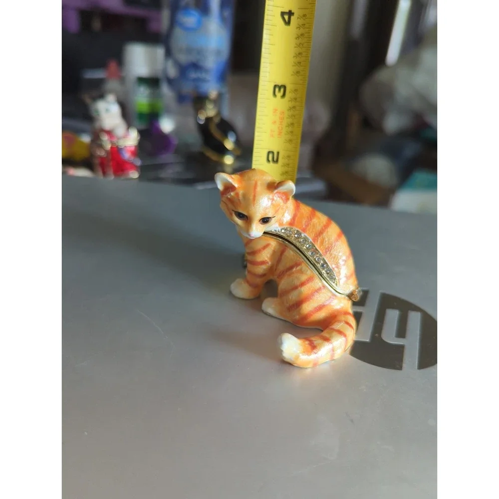Orange Striped Cat Trinket Box Hinged Jeweled Collar Enameled  Heavy